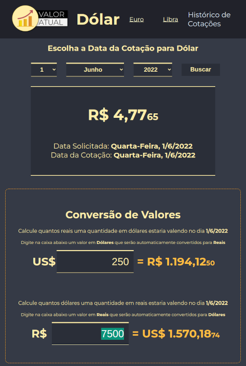 Histórico de cotações, com calculadora de conversão de valores